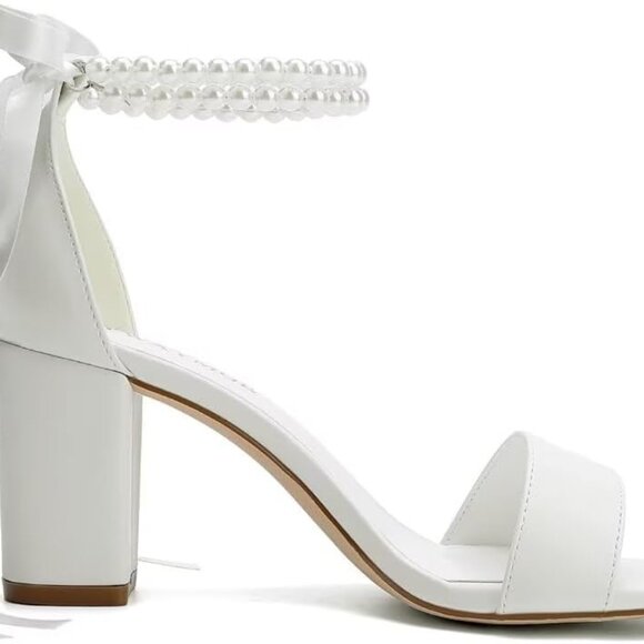 Block Heel Wedding Shoes Women Pearl Bridal Sandals Open Toe Comfort - Picture 4 of 5